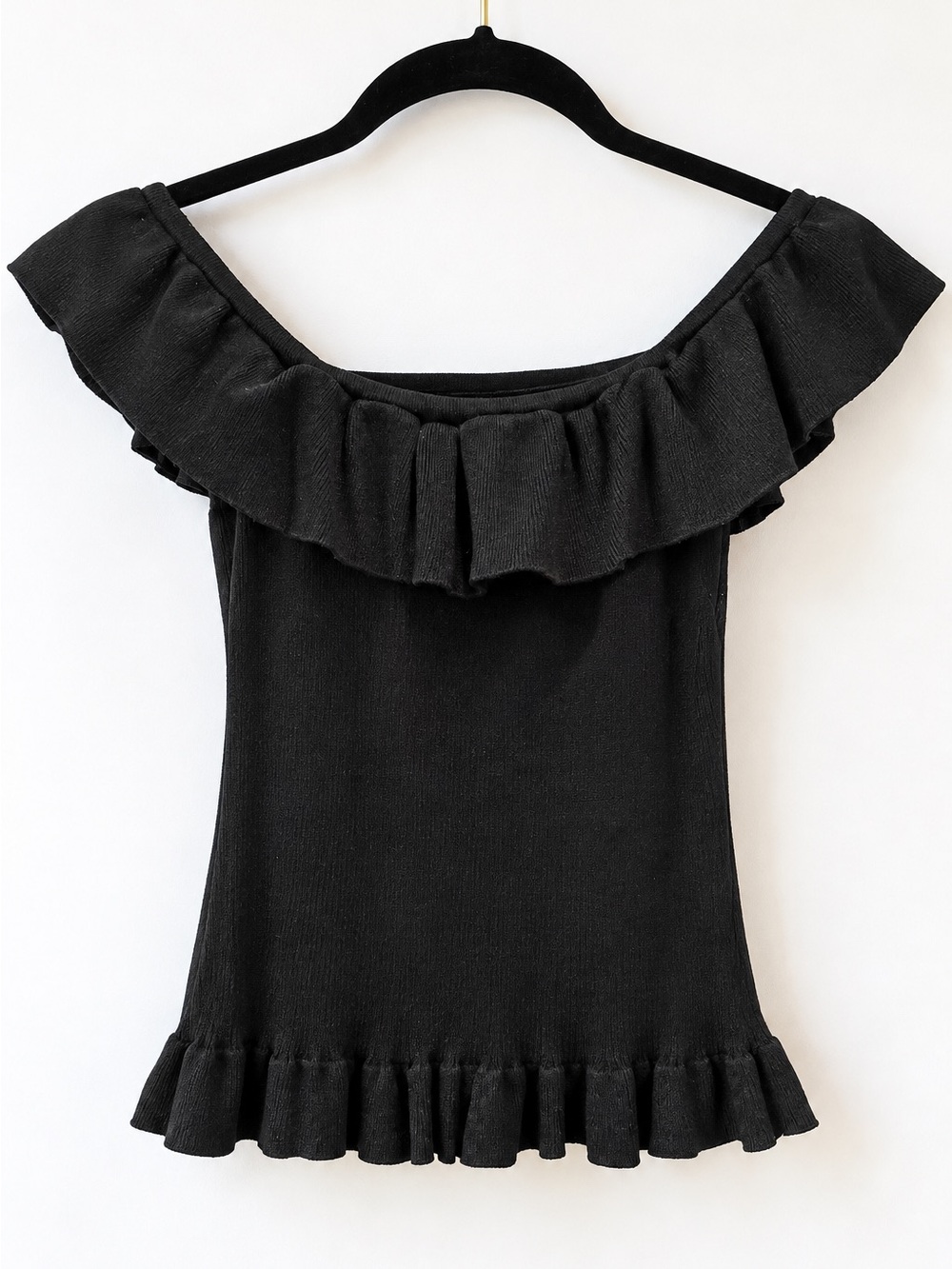 bebe Black Ruffle Off Shoulder Knit Peplum Top XS